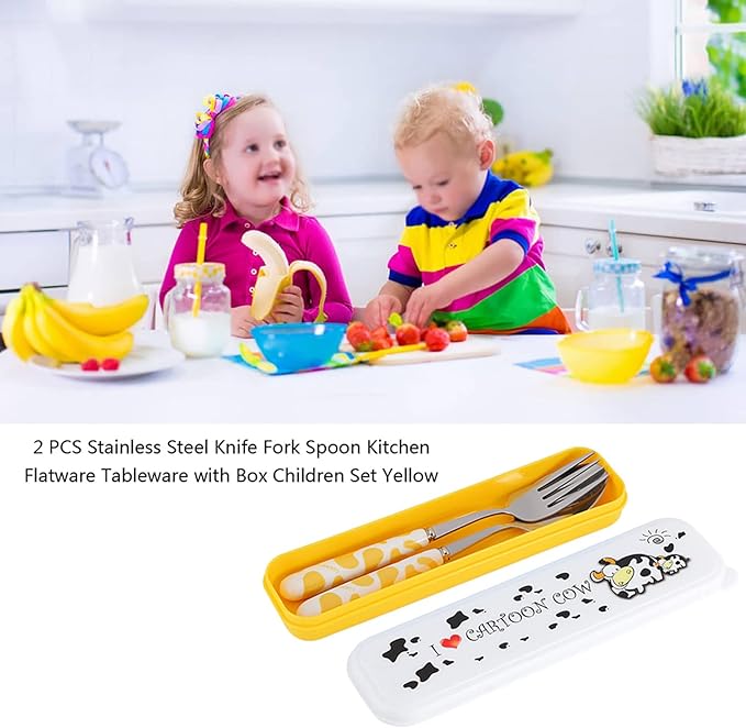 Children Flatware Set, Stainless Steel Fork Spoon with Storage Box Kids Dinner Utensils Spoon Fork Set with Travel Case for Kids Toddlers (Yellow)