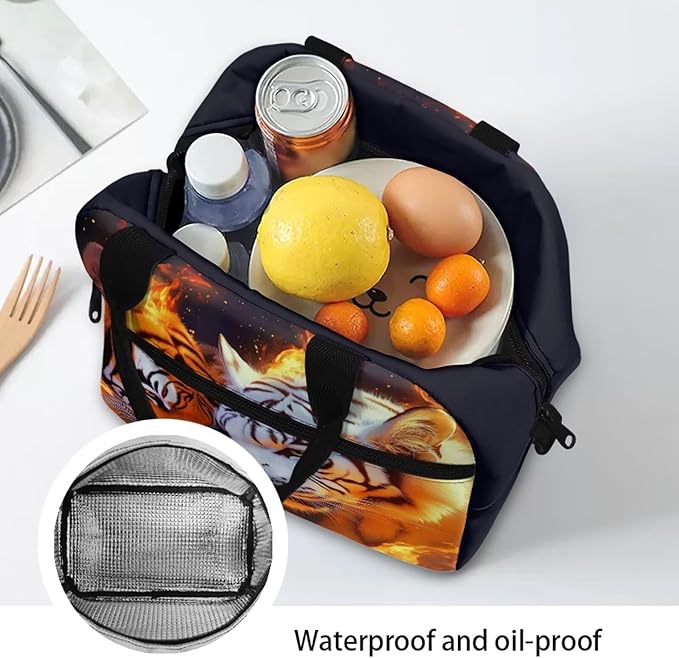 Showudesigns Fire Tiger Lunch Box for Teen Girls Middle School Kids Lunch Bag 10-12 12-14 Insulated Lunchbox Purse with Adjustable Shoulder Strap Thermal Meal Organizer Black