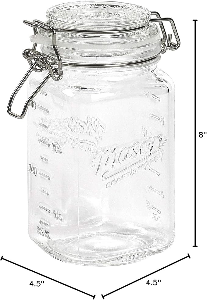 Mason Craft & More Airtight Kitchen Food Storage Clear Glass Clamp Jars, 50 Ounce (1.5 Liter) Medium Clamp Jar