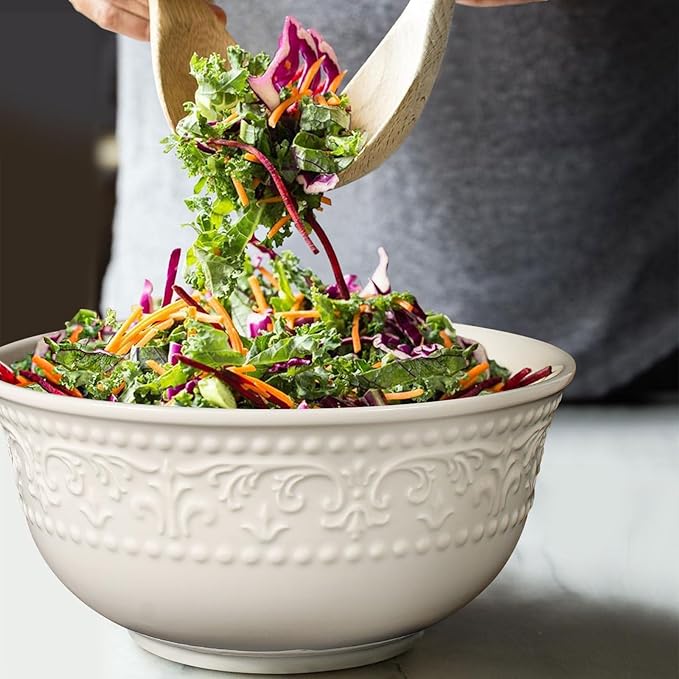 Large Salad Bowls Set of 4, 60oz White Serving Bowls Deep Deep Embossed Ceramic Mixing Bowl for Soup Kitchen, Eating, Ramen, Pasta, Dishwasher & Microwave Safe 8 inch (Brocade Flower)
