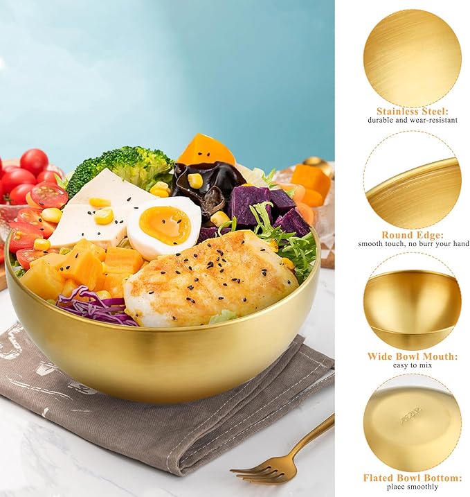 Supkiir Stainless Steel Salad Bowls with Gold Tong, 9.8”×4.5” 51oz Gold Kitchen Mixing Bowl, Large Serving Bowl Nesting Bowls for Mixing Cooking Baking Prepping Salad Soup Fruit
