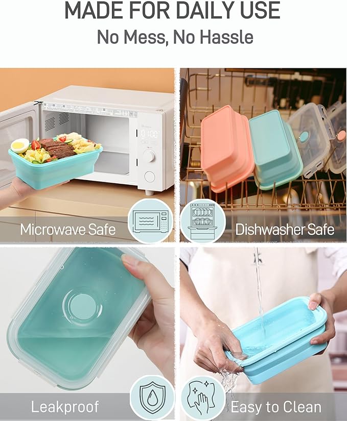 VAGREEZ Collapsible Silicone Food Storage Containers with Lids, 6 Pack Reusable Collapsible Bowls, Silicone Lunch Box Set Food Containers for Meal Prep, Travel, Camping & Leftovers