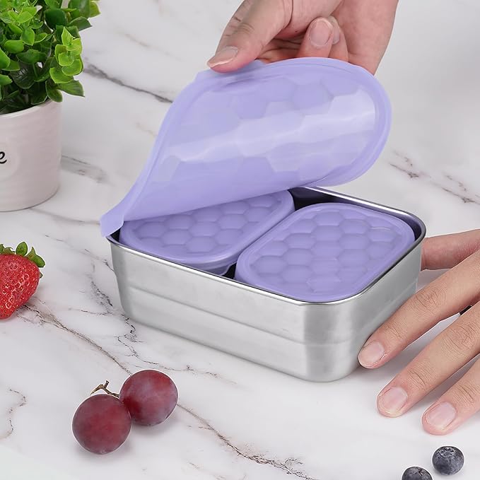 Small Stainless Steel Lunch Containers for Kids | Leak Proof BPA Free Snack Containers with 100% Pure Silicone Lids - Perfect Metal Lunch Box with Lids for School and Daycare (25oz+8oz*2)