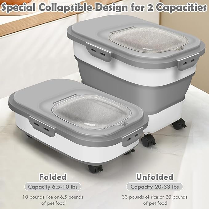 Rice Storage Container, 20Lbs Flour Container, Airtight Large Pet Dog Cat Food Storage Dispenser Bin with Wheels, Scoop & Measuring Cup, Collapsible Kitchen Dry Food Holder for Rice Cereal Kibble