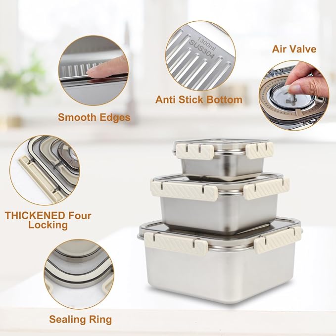 3PCS Stainless Steel Food Storage Containers with Lids Airtight Reusable Meal Prep Containers with Handle Date Tracker, Leftover Lunch Box Containers Dishwasher Oven/Freezer Safe Except Lid