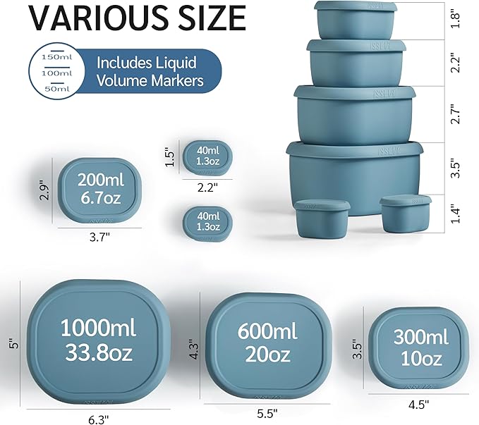 ISSEVE 6Pcs/Set Nesting Silicone Food Storage Containers with Lids, BPA Free Reusable Meal Prep Silicone Containers Lunch Box Bento Box Set (33.8oz, 20oz, 10oz, 6.7oz, 1.3oz) (Blue)