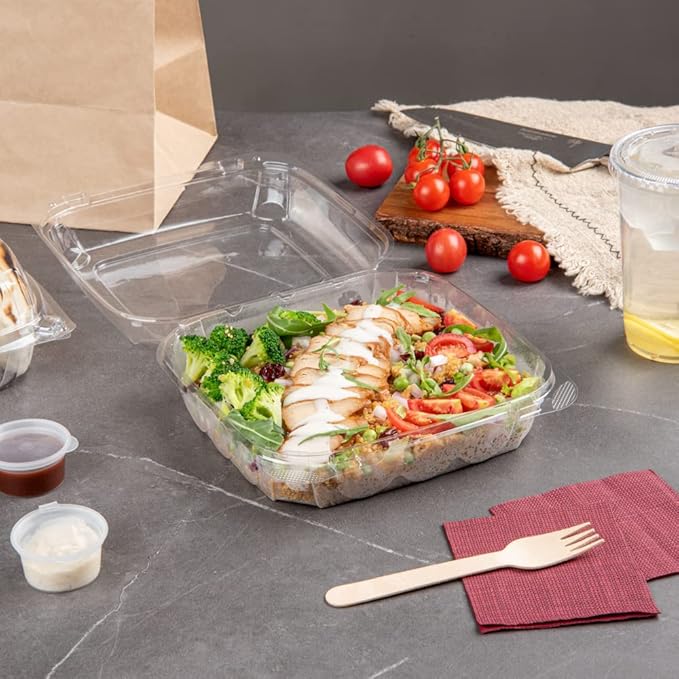 Restaurantware Thermo Tek 33.8 Ounce Clamshell Containers 100 Anti-Fog To Go Food Containers - Freezable Square Clear Plastic Food Packaging Containers Disposable