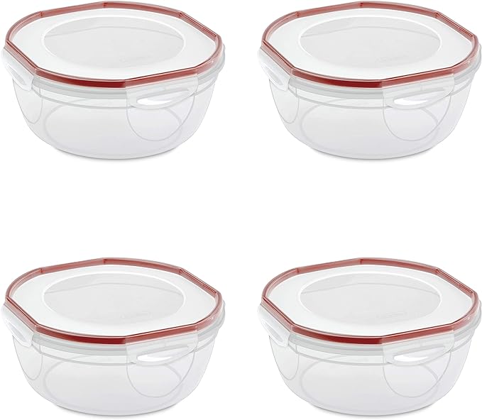 Sterilite Ultra-Seal 4.7 Qt Bowl, Large Airtight Food Storage Container, Latching Lid, Microwave and Dishwasher Safe, Clear With Red Gasket, 4-Pack