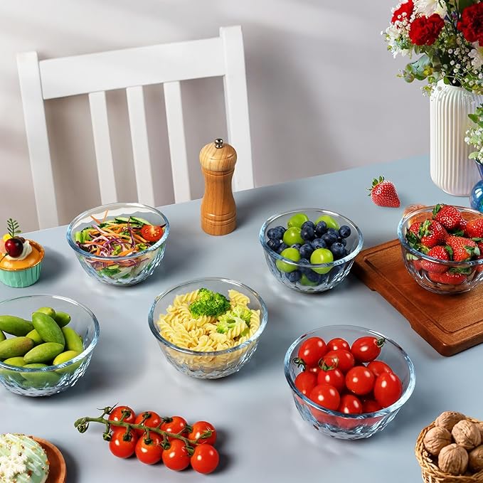 Freshmage 6 Pack Soup/Cereal Bowl Set, Extra Thick and Anti Resistant, 16oz Round Glass Diamond Cutting Kitchen Bowls, Microwave/Freezer/Dishwasher safe