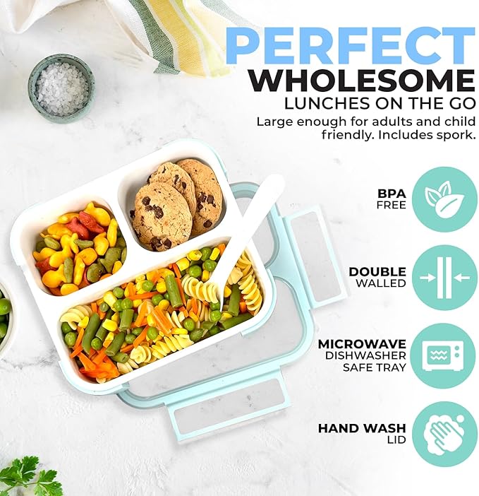 kinsho Medium Bento Box for Kids, Lunch-Box Snack Container for Boys Girls Daycare Pre-School, Leakproof 3 Divider Containers for Lunches Snacks (Pastel Blue +Teal)