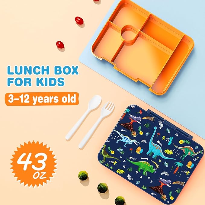 Luminous Boys Backpack - Dinosaur Bento Box with Insulated Lunch Bag Pencil Case & Utensils Set for Kids, 6 Leakproof Compartments Removable Tray Lunches or Snack Container (Green Dinosaur)