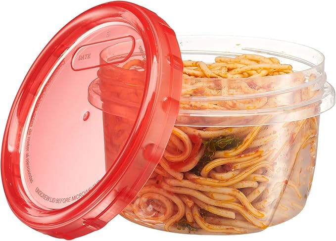PLASTICPRO 12 Pack Twist Cap Food Storage Containers with Red Screw on Lid- 16 oz Reusable Meal Prep Containers - Freezer and Microwave Safe Red Plastic Food Storage