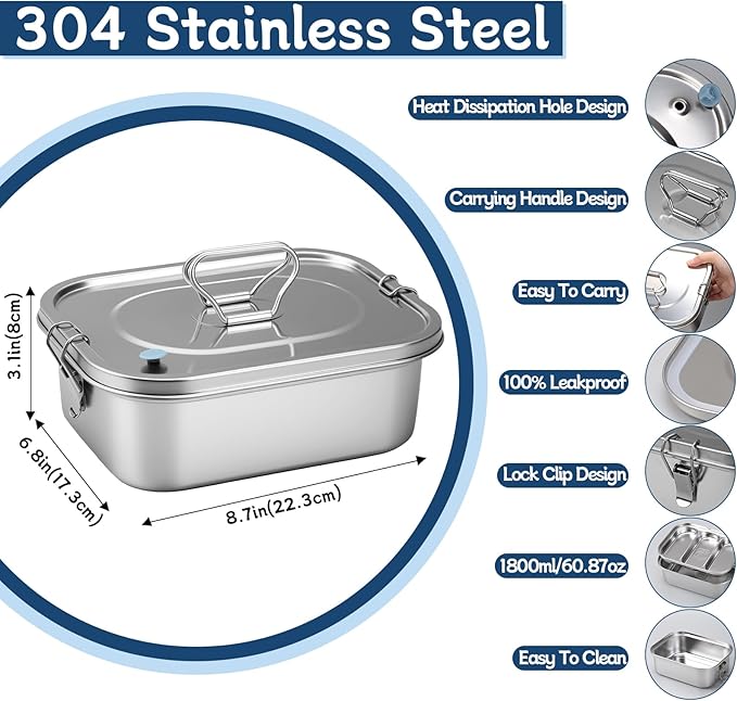 304 Stainless Steel Bento Box Leakproof 3-Compartment Tray, 1800ml Stainless Steel Lunch Box with Airtight Valve Handle, Including Utensil Set (Fork/Knife/Chopsticks) for Travel, Work.