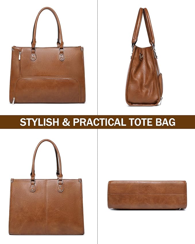 Laptop Tote Bag with Insulated Lunch Compartment for Women Work, PU Leather Lunch Bag with 15.6 Inch Computer Compartment