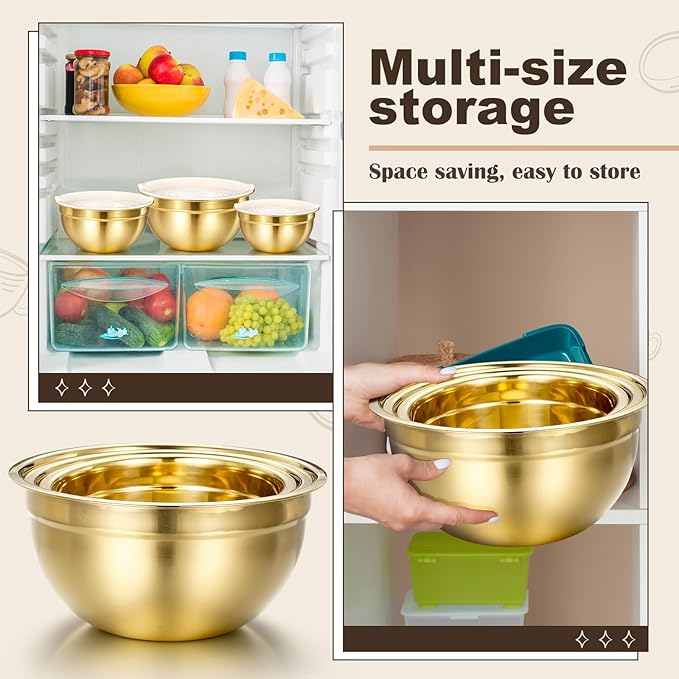 Baderke 7 Pcs Gold Kitchen Accessories Includes 4 Quart Stainless Steel Gold Colander and 3 Pcs Fine Mesh Strainer, Size 1, 1.5, 2 Qt Mixing Bowls with Airtight Lids for Kitchen Baking Serving Food