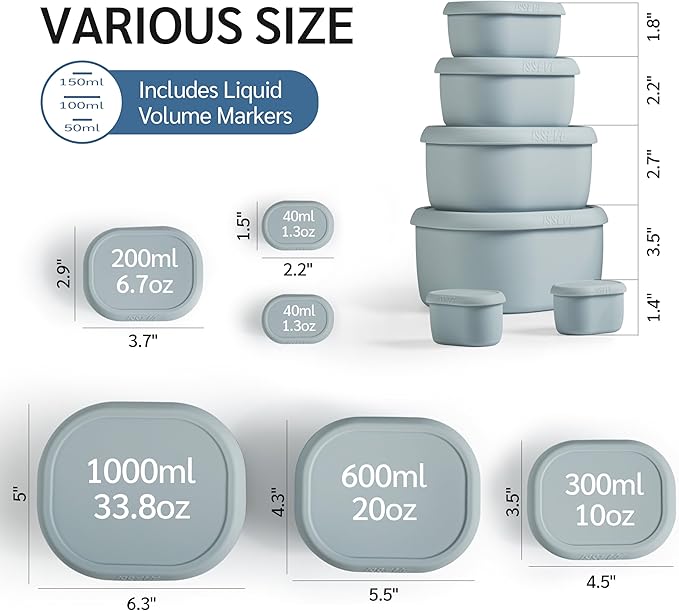 ISSEVE 6Pcs/Set Nesting Silicone Food Storage Containers with Lids, BPA Free Reusable Meal Prep Silicone Containers Lunch Box Bento Box Set (33.8oz, 20oz, 10oz, 6.7oz, 1.3oz) (Grey)