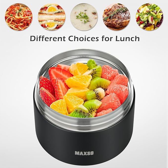 MAXSO Food Jar for Hot Food - 24 OZ Soup Thermo for Adults Vacuum Insulated Lunch Containers with Foldable Spoon & Thermal Bag, Wide Mouth Leakproof Bento Box - Black