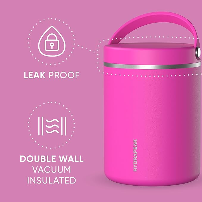Hydrapeak 32oz Stainless Steel Vacuum Insulated Thermos Food Jar | Thermos for Hot Food and Cold Food, Wide Mouth Leak-Proof Soup Thermos for Adults, 10 Hours Hot and 16 Hours Cold (Fuchsia)