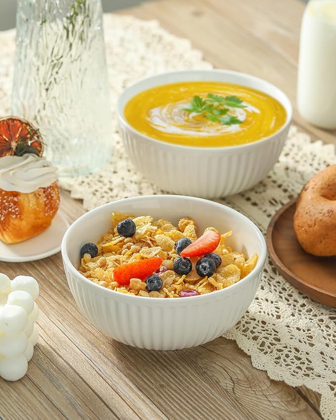 Hasense Ceramic Soup Bowls, 20 Ounces Cereal Bowls for Kitchen, 5.7 Inch White Serving Bowls Set for Salad Pasta Fruit Oatmeal, Rice Bowls with Striped, Microwave and Dishwasher Safe