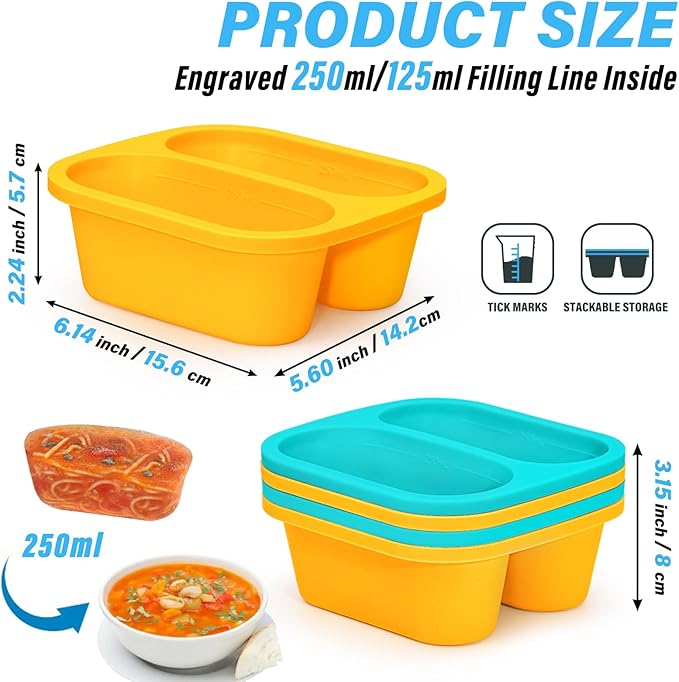 Mossime Silicone Soup Freezer Molds: 1 Cup Silicone Freezer Trays with Lid - 4 Packs Easy Release Soup Freezer Containers - 250ml 125ml Portion Large Cubes for Ice Soup (4, Blue/Yellow)