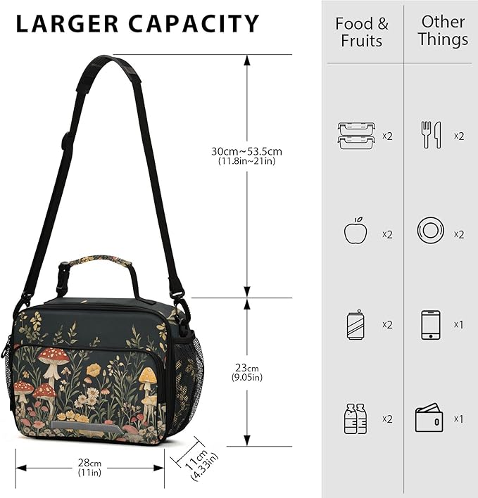MNSRUU Student Lunch Bag Vintage Wildflower Mushrooms Insulated DinnerTotes Picnic Bag Lunch Box with Adjustable Shoulder Strap for Teen Kids Adults