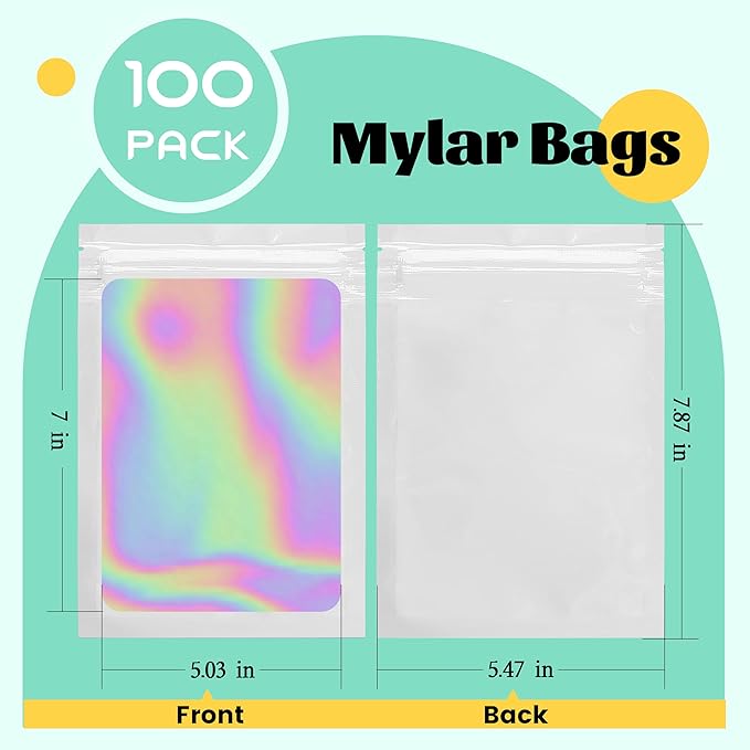 100 Pcs Reusable White Aluminium Foil & Polyethylene Holographic Bags with Clear Window & Self Seal Closure, 5.5x8Inch, Smell Proof & Leak Resistant Food Storage & Packaging Bags