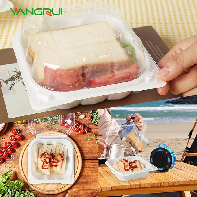 YANGRUI To Go Containers, Reusable Anti-Fog Shrink Wrap 55 Pack 6 Inch 15 OZ White Plastic Burger Boxes BPA Free Microwave Freezer Safe Hinged Clamshell Take Out Container