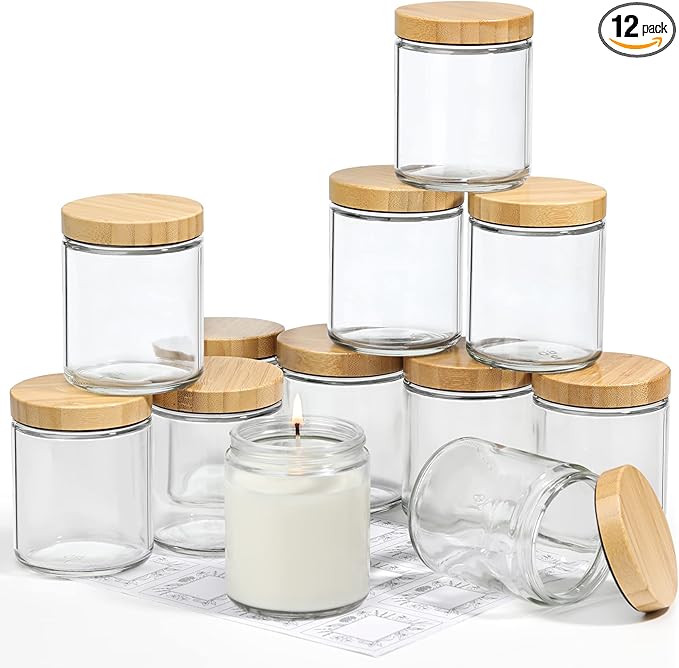 VITEVER 12 Pack Thick Glass Candle Jars with Bamboo Lids - 8 OZ, Bulk Clear Round Glass Candle Jars for Making Candles, Empty Food Storage Containers, Canning Jars for Spice, Powder, Liquid