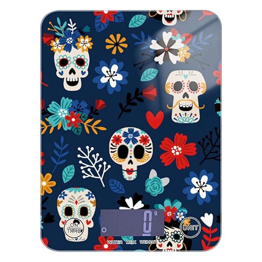 Food Scale Kitchen Digital Scale Food Ounces and Grams Dieting Baking Cooking Waterproof Glass Panels LCD Display,4 Units Scale Tare Function Some Blue Skull
