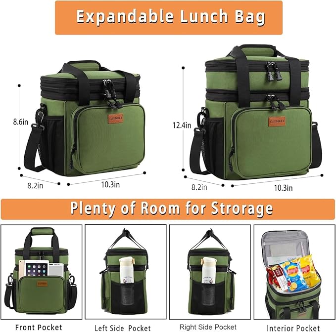 Expandable Large Insulated Lunch Box, Heavy Duty Lunch Cooler Bag Durable Leakproof Lunch Pail for Men Women Adults Work Shift Outdoor Picnic Camping Road Trip, 16L, Army Green, GLENKEY