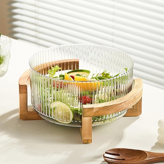 Ribbed Glass Salad Bowl with Wooden Stand – Large Mixing Bowl for Serving Salad, Fruits, Pasta & Desserts – Elegant Glass Serving Bowl with Natural Bamboo Holder – Modern Kitchen & Dining Tableware