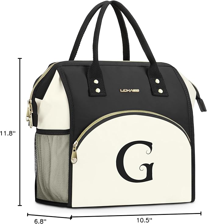 Personalized Lunch Bag for Women, Preppy Reusable Insulated Initials Lunch Box Gift for Friend Large Wide-Open Water Resistant Adult Cooler Tote Bag for Work, Travel, Picnic - Black G