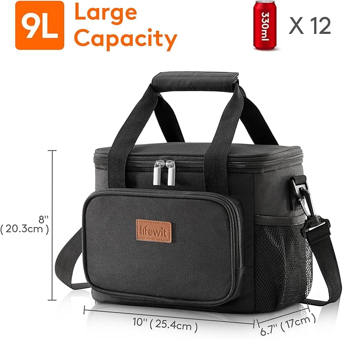 Lifewit Large Lunch Bag Insulated Lunch Box Soft Cooler Cooling Tote for Adult Men Women, Black 12-Can (9L)