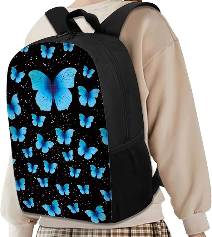 Dolyues Blue Butterfly Backpack Purse for Girls for School Kids Bookbag with Lunch Bag Pencil Case Elementary Middle School Back Pack Students Schoolbag Women Travel Daypack Rucksack