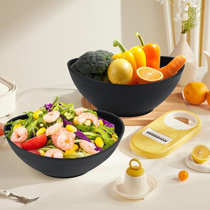 Homienly Serving Bowls Large Fruit Bowls for Wedding and Dinner Parties Wheat Straw Bowl Set 60 Oz for Salad, Snacks Oval Shape Microwave & Dishwasher Safe Bowl Set of 2 Bowls for Kitchen - Black