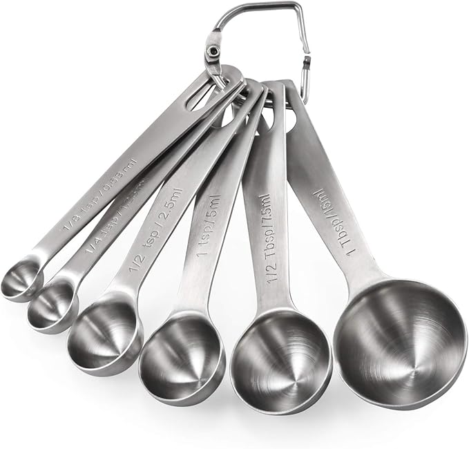 18/8 Stainless Steel Measuring Spoons Set for Dry and Liquid Ingredients (Set of 6), and 600ºF Heat Resistant 11.38in Flexible Non-Stick Spatula & Spoon Spatula (Black)