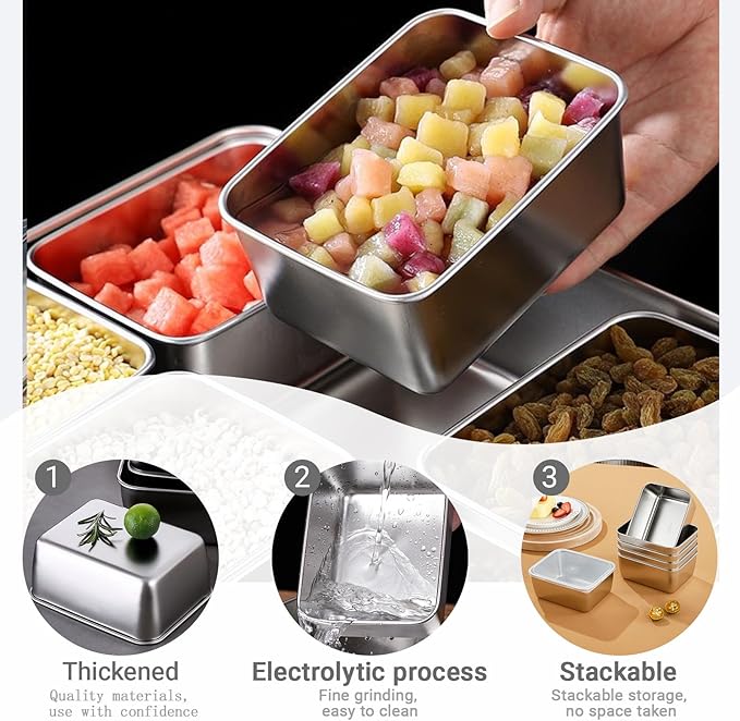 10-Pcs Stainless Steel Leak-Proof Snack Boxs with Lids - Kitchen Seasoning Containers, Restaurant Prep food Bowls - Portable & Easy to Clean (500ML)