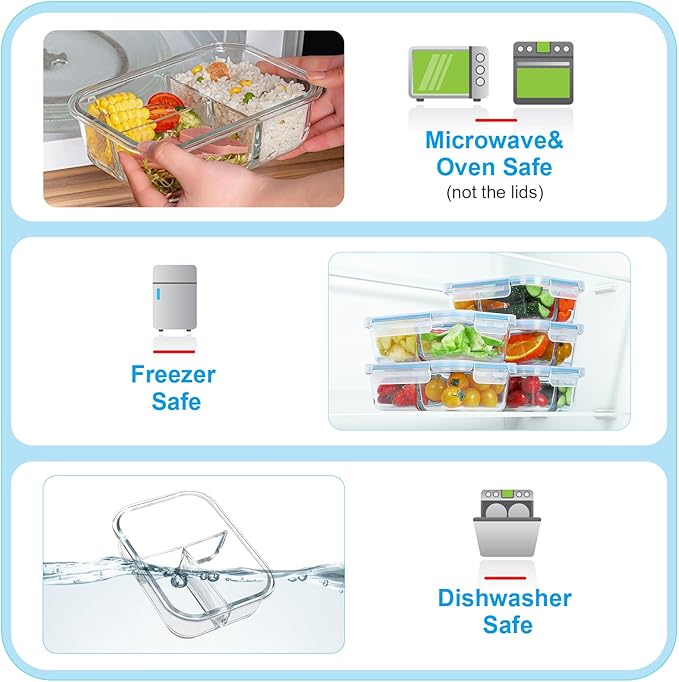 BAYZZ 5 Pack 35 Oz Glass Meal Prep Containers 3 Compartments, Glass Food Storage Containers with Lids, Airtight Bento Box Lunch Container-Microwave, Freezer & Dishwasher Safe, Blue