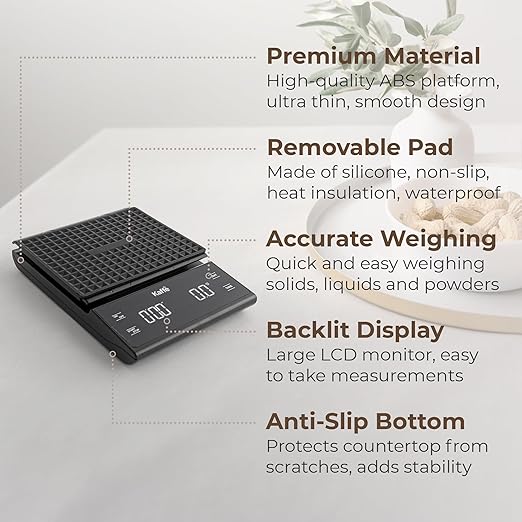 Kaffe Coffee Scale with Timer (3kg Max / 0.1g) - AAA Batteries Not Included - Backlit LCD Display - High Precision Espresso Scale - Coffee & Food Kitchen Scale - Espresso Accessories for Baristas