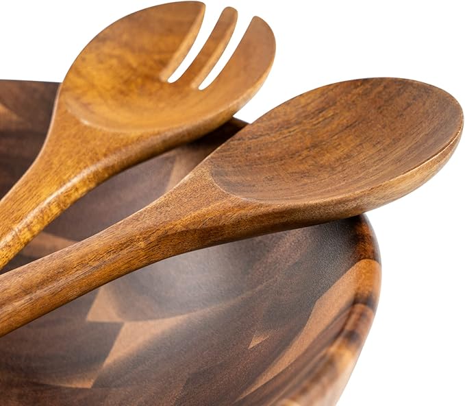 BF BILL.F SINCE 1983 Wooden Salad Bowl 12'' Acacia Wood Salad Bowls Set Large Salad Serving Bowl for Fruits Mixing Bowl with Servers-3-Piece Big Salad Bowl Set