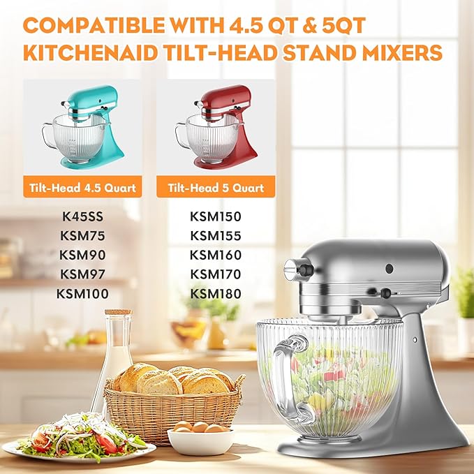Cofun Glass Mixer Bowl For Kitchenaid Tilt-Head Stand Mixers 4.5-5 Quart, 5 qt Mixing Bowl Replacement For Kitchen aid With Measurement Markings,Handle