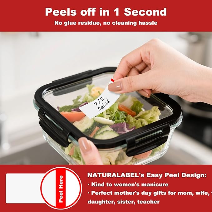 NATURALABEL 300 PCS Blank Removable Freezer Labels with Dispenser - 1" x 3" Food Labels for Meal Prep Containers & Pantry Organizers, Easy Peel-Off Design, No Residue