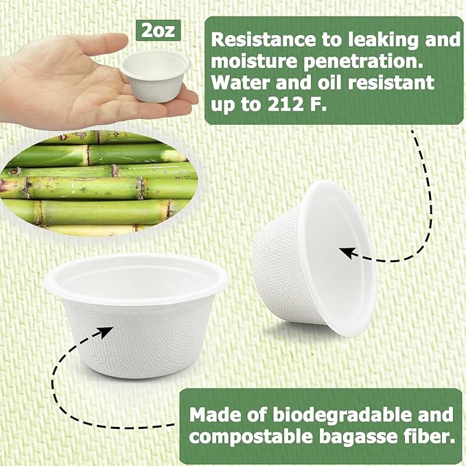 CAMKYDE 2 oz Disposable Bagasse Fiber Souffle Cups 100pk, 100% Natural Biodegradable Compostable Condiment Cups Sample Cup Tasting Cup (White, Pack of 100)