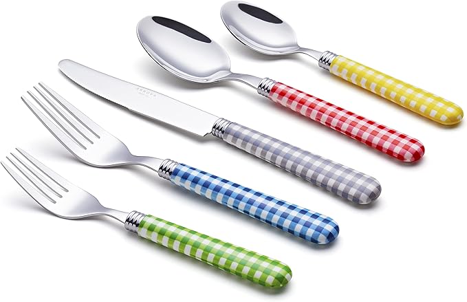 ANNOVA Silverware Set 20 Pcs Stainless Steel Cutlerty Color Handle Flatware -4xDinner Knife;4xDinner Fork;4xSalad Fork;4xDinner Spoon;4xDessert Spoon (Mix Color/Gingham Checkered Pattern)