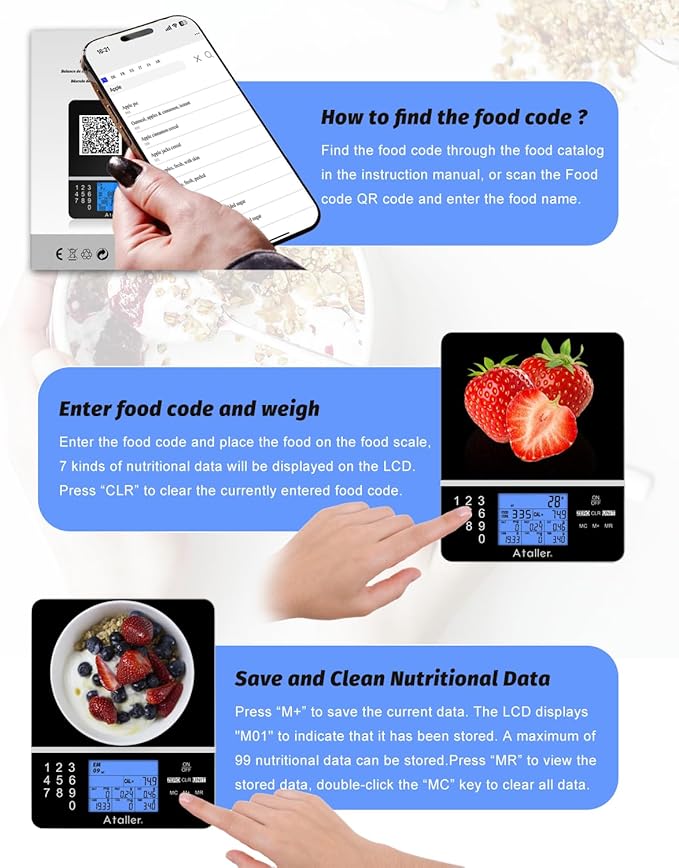 Ataller Food Scale with Nutritional Calculator, Kitchen Diet Scale, Digital Food Calorie Counting Scale for Meal Prep, Kitchen, Baking, Weight Loss, Resolution 1g, Max 5kg 11Ib, Tempered Glass, Black