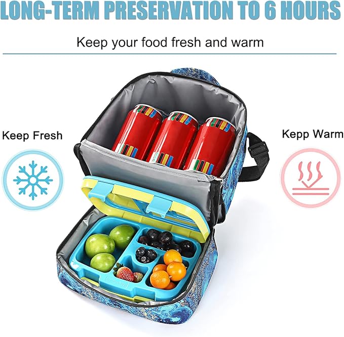 Tilami Lunch Bags Insulated Adjustable Strap Zipper, Water-Resistant Cooler Bags, Bento Bags for Kids Toddlers, Blue Wave