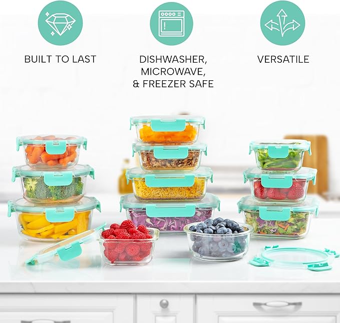 Zulay Kitchen 12 Pack Glass Meal Prep Containers with Lids - Airtight, Premium Borosilicate Glass Food Storage Containers - Microwave, Freezer & Oven Safe, BPA Free - Teal