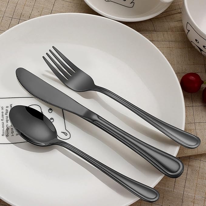LIANYU 12-Piece Black Kids Silverware Set, Stainless Steel Toddler Utensils Flatware Set, Child Cutlery Tableware for 4, Include knife Fork Spoon, Mirror Finished, Dishwasher Safe