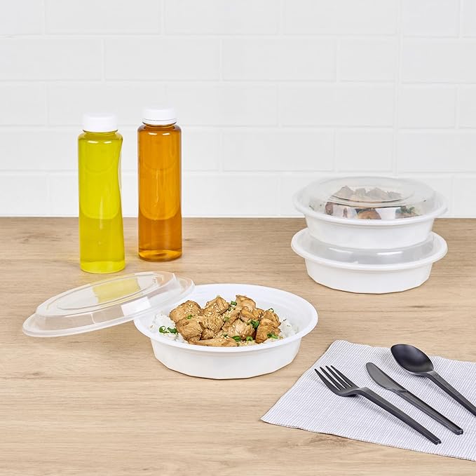 Restaurantware Asporto 24 Ounce To Go Boxes 100 Microwavable Take Out Food Containers - Clear Plastic Lids Included Do Not Contain BPA White Plastic Catering Food Containers Disposable Round