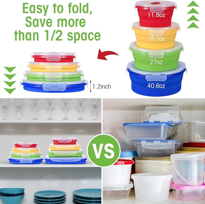 Yaomiao 16 Pack Collapsible Food Storage Containers with Lid Foldable 8 Pcs Rectangle Storage Bowl and 8 Pcs Round Silicone Food Bow for Lunch Rv Accessories Microwave Freezer Safe(Bright Colors)